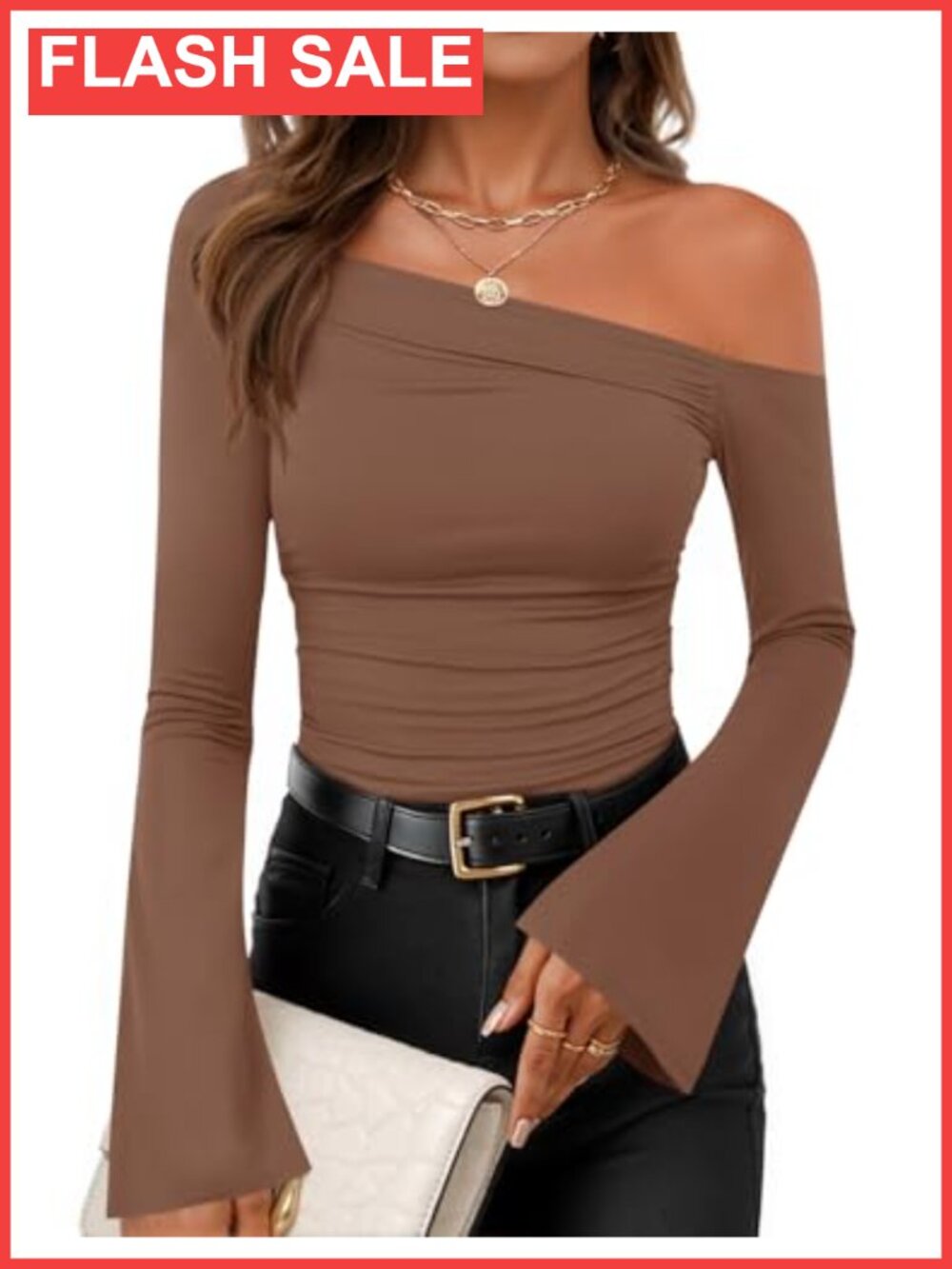 Off Shoulder Bell Long Sleeve Going Out Top Slim Fit Ruched Y2K Party